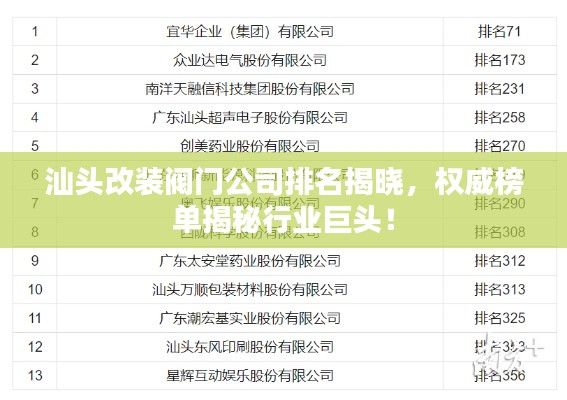 汕头改装阀门公司排名揭晓,权威榜单揭秘行业巨头!